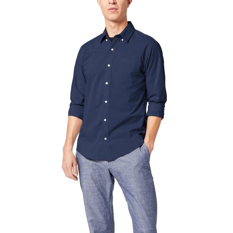 Dockers Men's Classic Fit Long Sleeve Signature Comfort Flex Shirt (Standard and Big & Tall), Medieval Blue, Medium